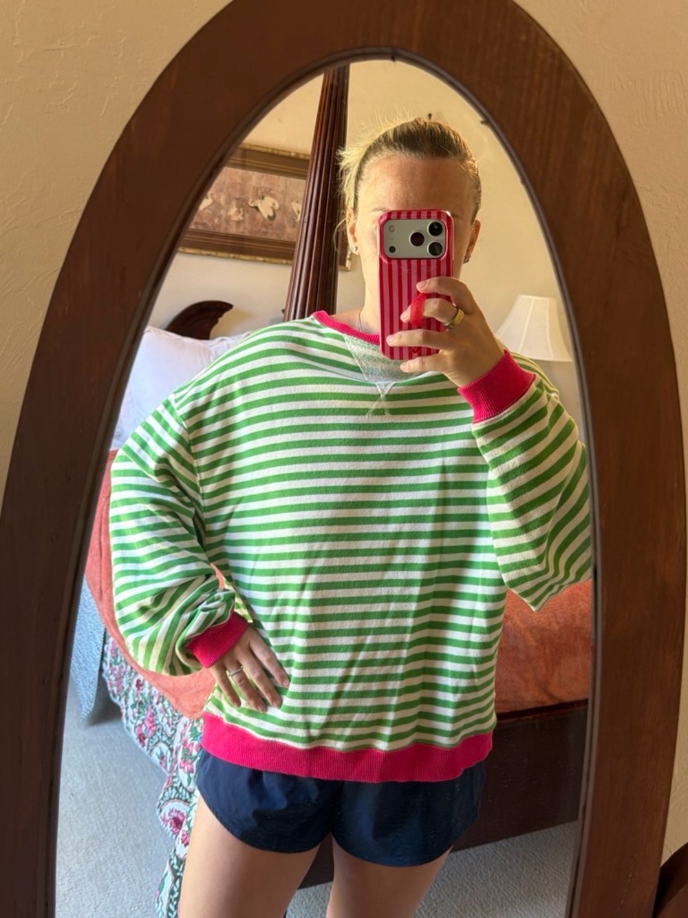 We The Free Green and White Striped Pullover with Pink Trim - Picture 2 of 5